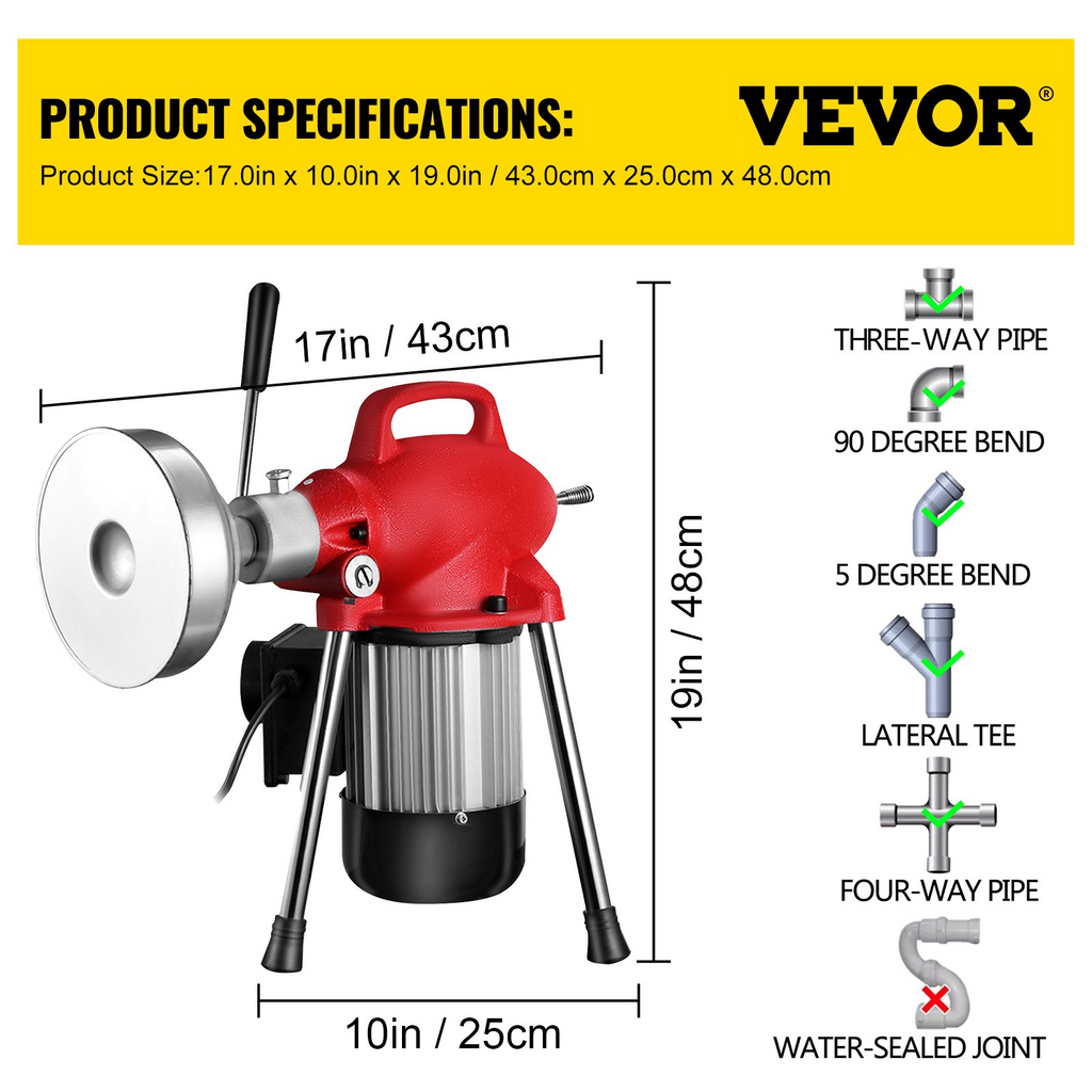 VEVOR Máquina Limpiadora de desagües seccional de 500 vatios Cable de resorte de 75' x 5/8"