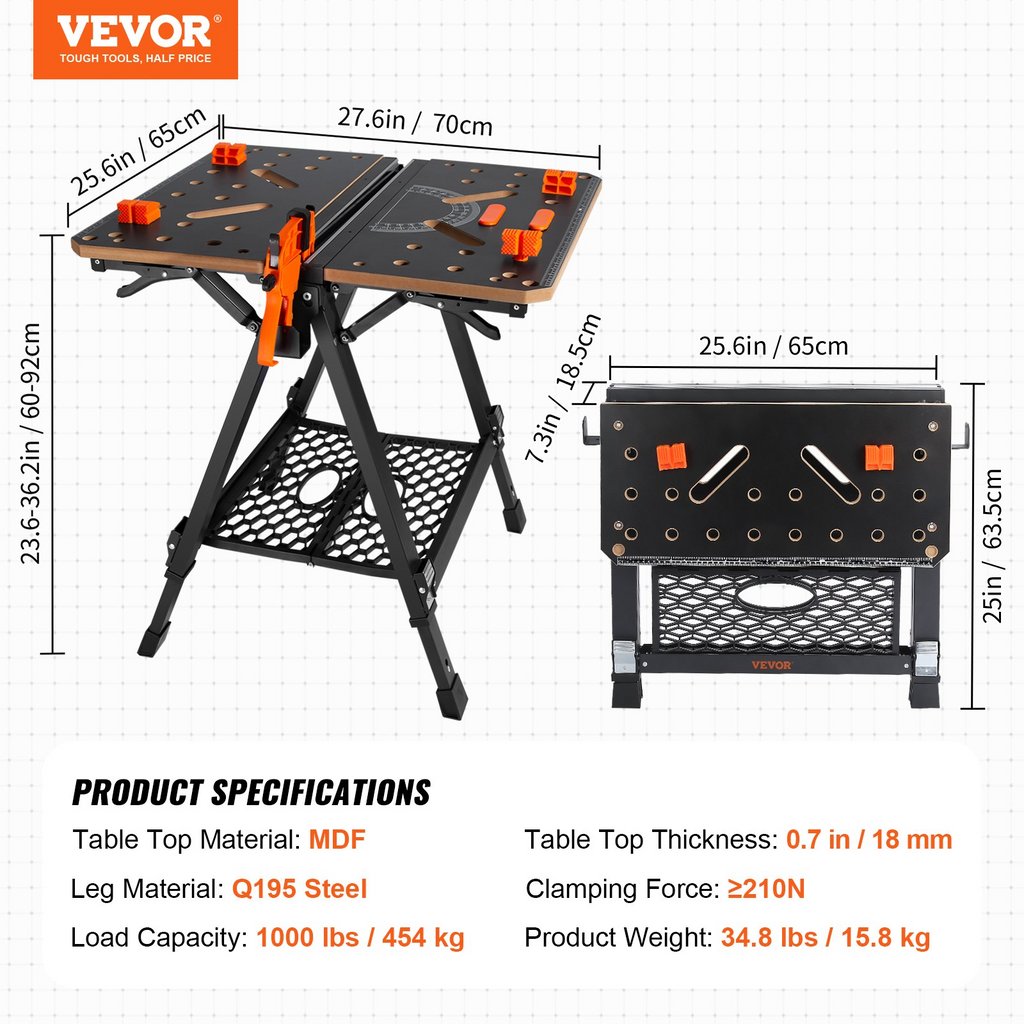 VEVOR Mesa de trabajo plegable, 2 en 1 como caballete y banco de trabajo, capacidad de 1000 libras, 7 alturas ajustables, patas de acero, soporte de herramientas plegable portátil con abrazadera de madera