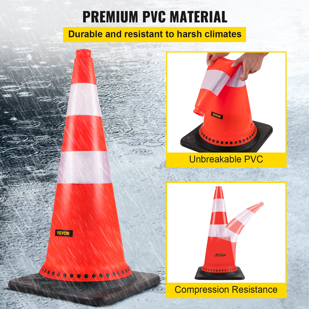 Conos de seguridad VEVOR, conos de tráfico de 8 x 30 pulgadas, conos de construcción de PVC naranja, collares reflectantes, conos de tráfico con base pesada