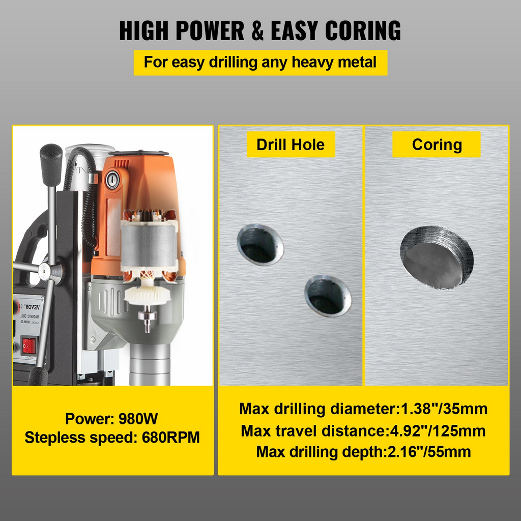 VEVOR Taladro de prensa magnético de 980 W con diámetro de perforación de 1-1/3 pulgadas (35 mm) 2700 LBS Fuerza magnética Sistema de perforación magnética 680 RPM