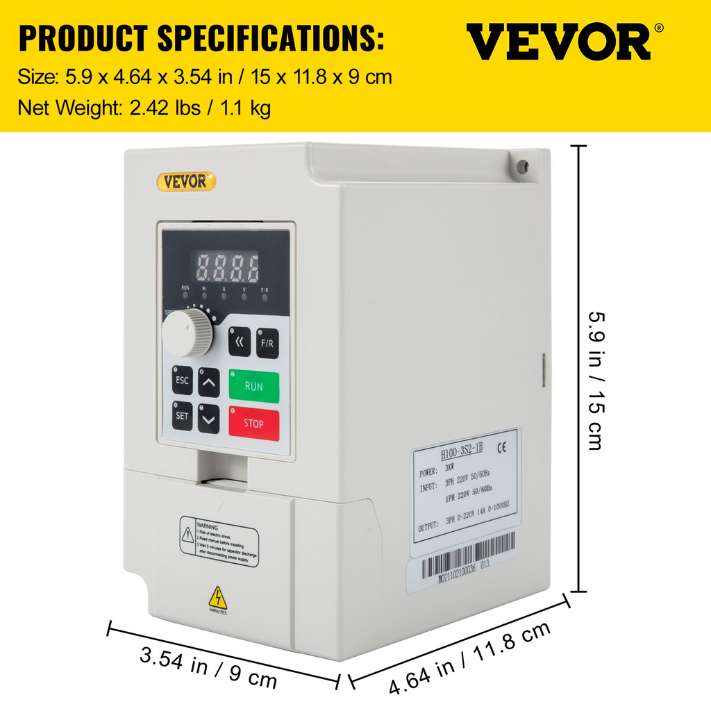 VEVOR Variador de frecuencia, Entrada CA 220 V 3 KW Convertidor inversor de accionamiento CNC de frecuencia variable, VFD 4HP Entrada monofásica o trifásica, Salida trifásica