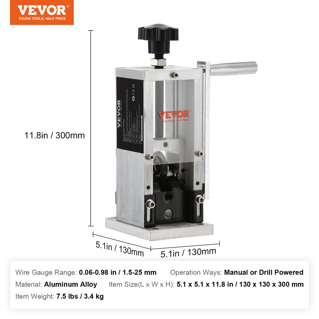 VEVOR Manual Wire Stripping Machine, 0.06''-0.98'' Copper Stripper with Hand Crank or Drill Powered, Visible Stripping Depth Reference, Portable Aluminum Frame Wire Peeler for Scrap Copper Recycling