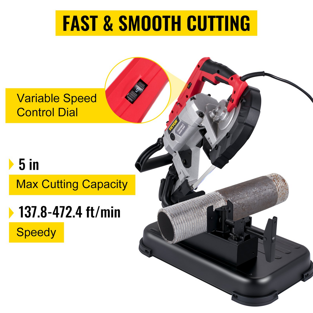 Sierra de cinta portátil VEVOR, sierra de cinta inalámbrica con base de acero de aleación extraíble de 110 V, capacidad de corte de 5 pulgadas para metal y madera