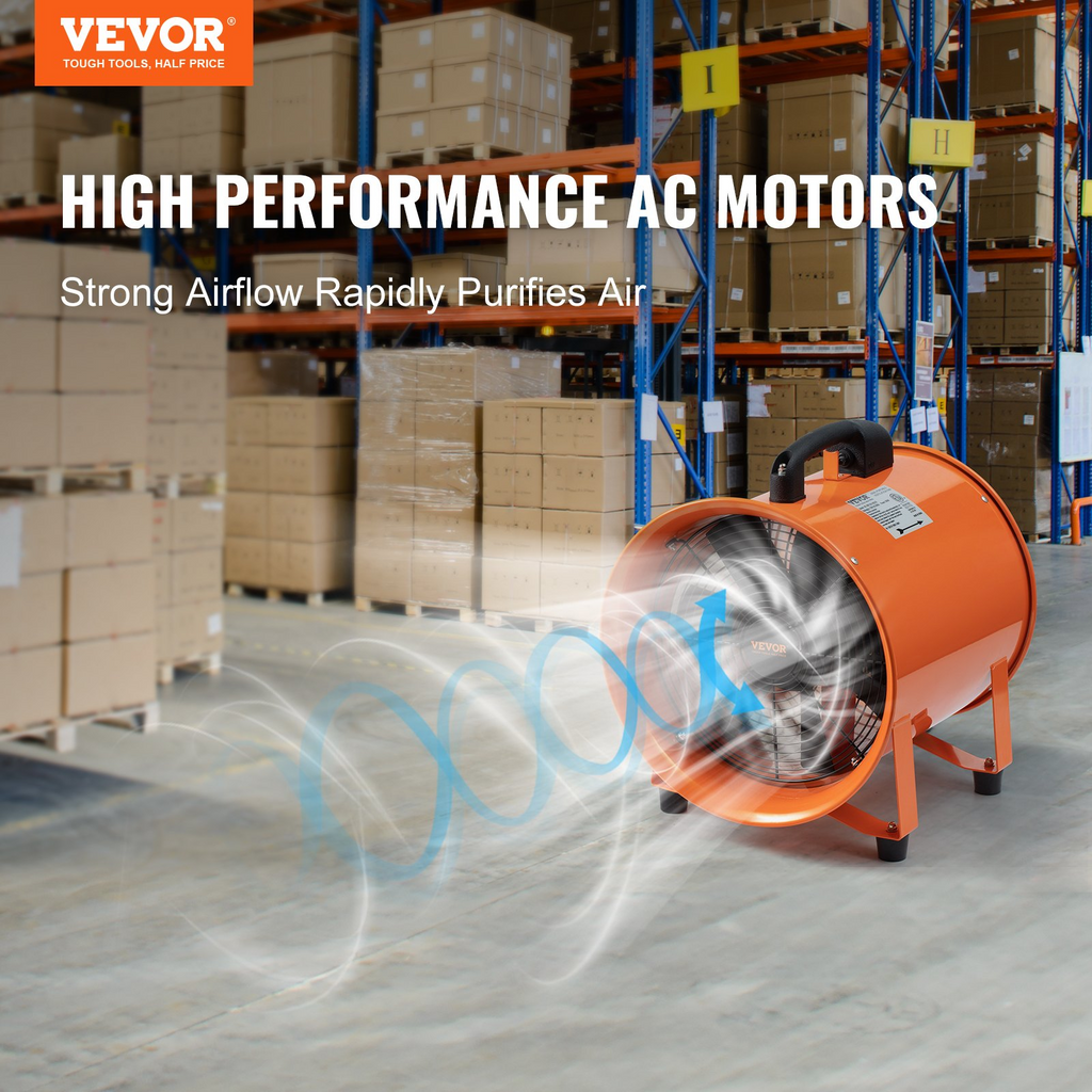 VEVOR Portable Ventilator, 8 inch Heavy Duty Cylinder Fan with 16.4ft Duct Hose, 195W Strong Shop Exhaust Blower 1070CFM, Industrial Utility Blower for Sucking Dust, Smoke, Smoke Home/Workplace