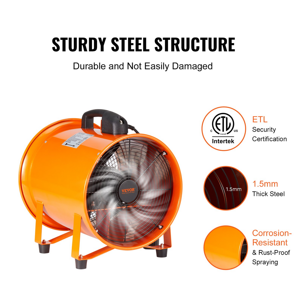 VEVOR Portable Ventilator, 8 inch Heavy Duty Cylinder Fan with 16.4ft Duct Hose, 195W Strong Shop Exhaust Blower 1070CFM, Industrial Utility Blower for Sucking Dust, Smoke, Smoke Home/Workplace