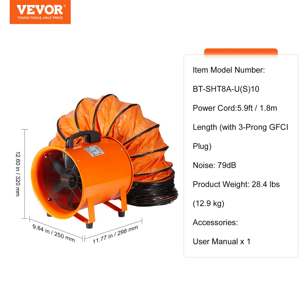 VEVOR Portable Ventilator, 8 inch Heavy Duty Cylinder Fan with 33ft Duct Hose, 195W Strong Shop Exhaust Blower 1070CFM, Industrial Utility Blower for Sucking Dust, Smoke, Smoke Home/Workplace