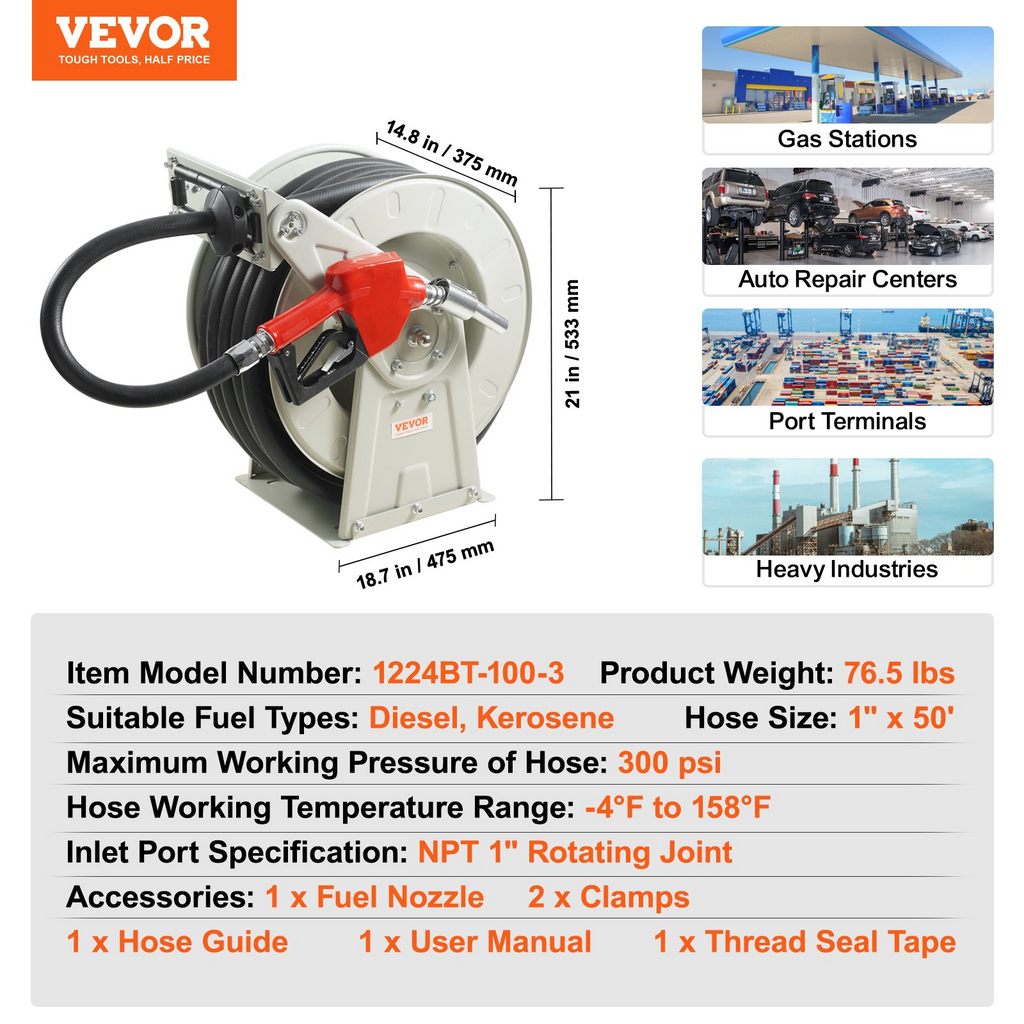 VEVOR Carrete de manguera de combustible, 1" x 50', diésel retráctil extra largo, construcción de acero al carbono resistente con boquilla de combustible automática