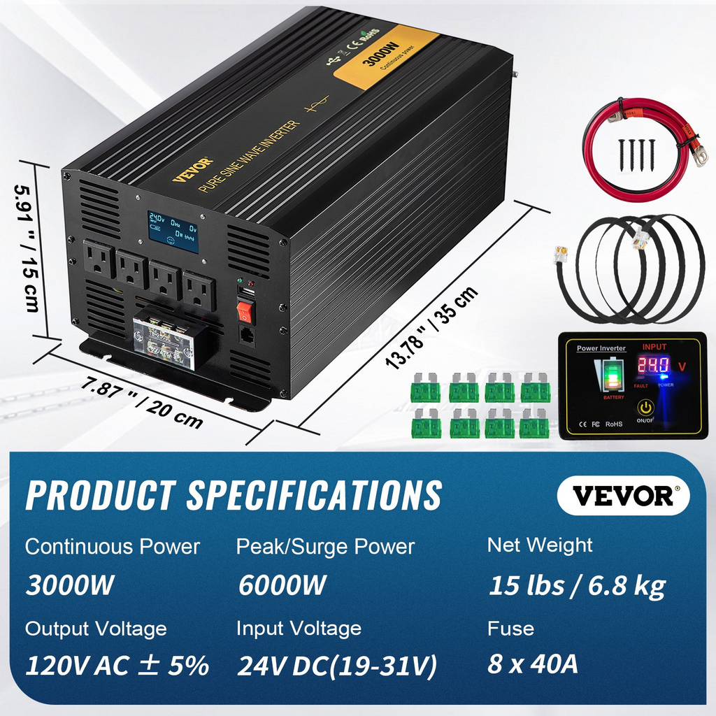 VEVOR Inversor de onda sinusoidal pura de 3000 W, inversor de corriente de 24 V CC a 120 V CA, con puerto USB, pantalla LCD, mando a distancia y salidas de CA