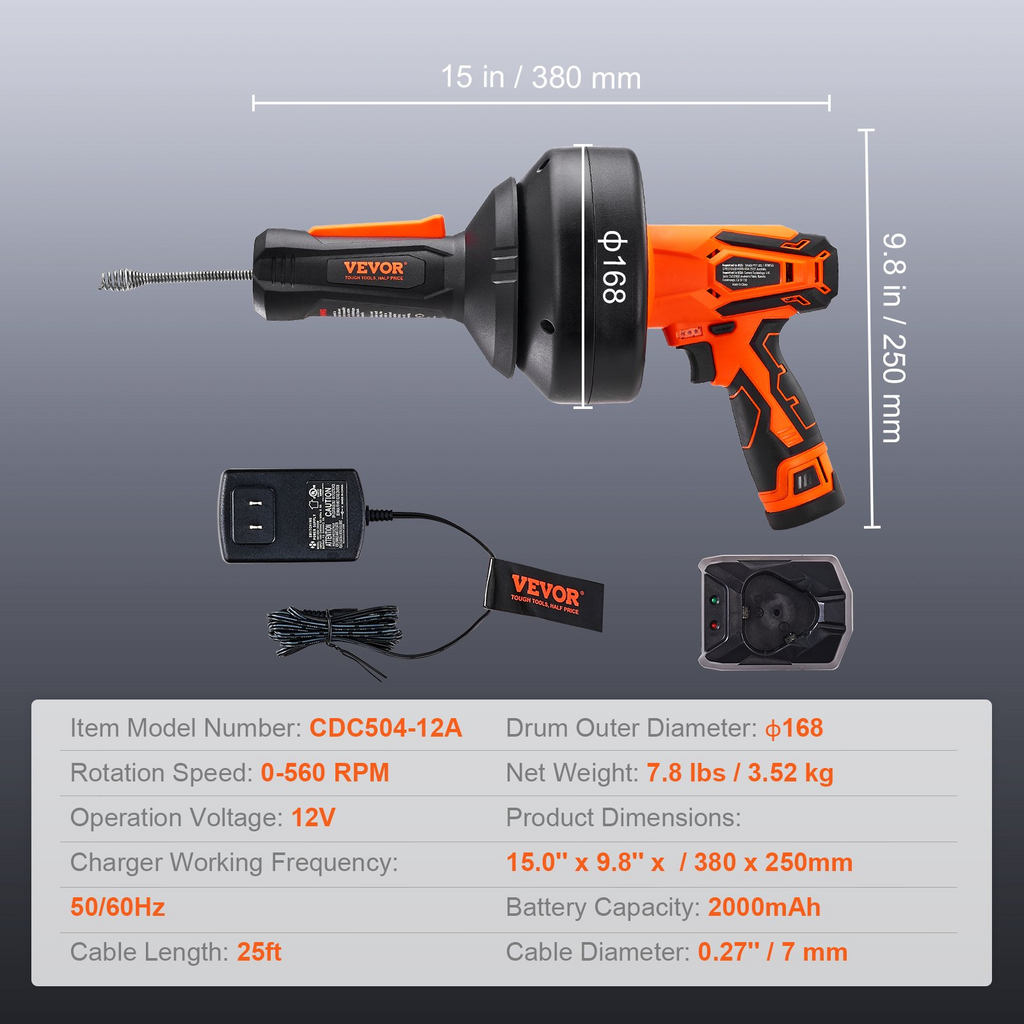 VEVOR Barrena de drenaje eléctrica de 12 V, alimentación automática inalámbrica de 25 pies con taladro eléctrico para tuberías de 3/4 "-2", batería de 2.0 Ah y cargador incluido