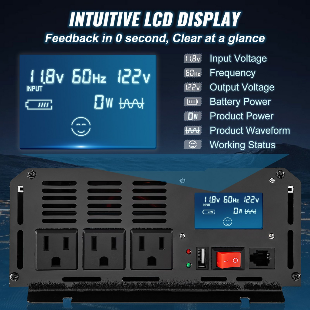 VEVOR Inversor de onda sinusoidal pura inversor de corriente de 2500 vatios, inversor de coche de CC de 12 V a CA de 120 V, con puerto USB, pantalla LCD