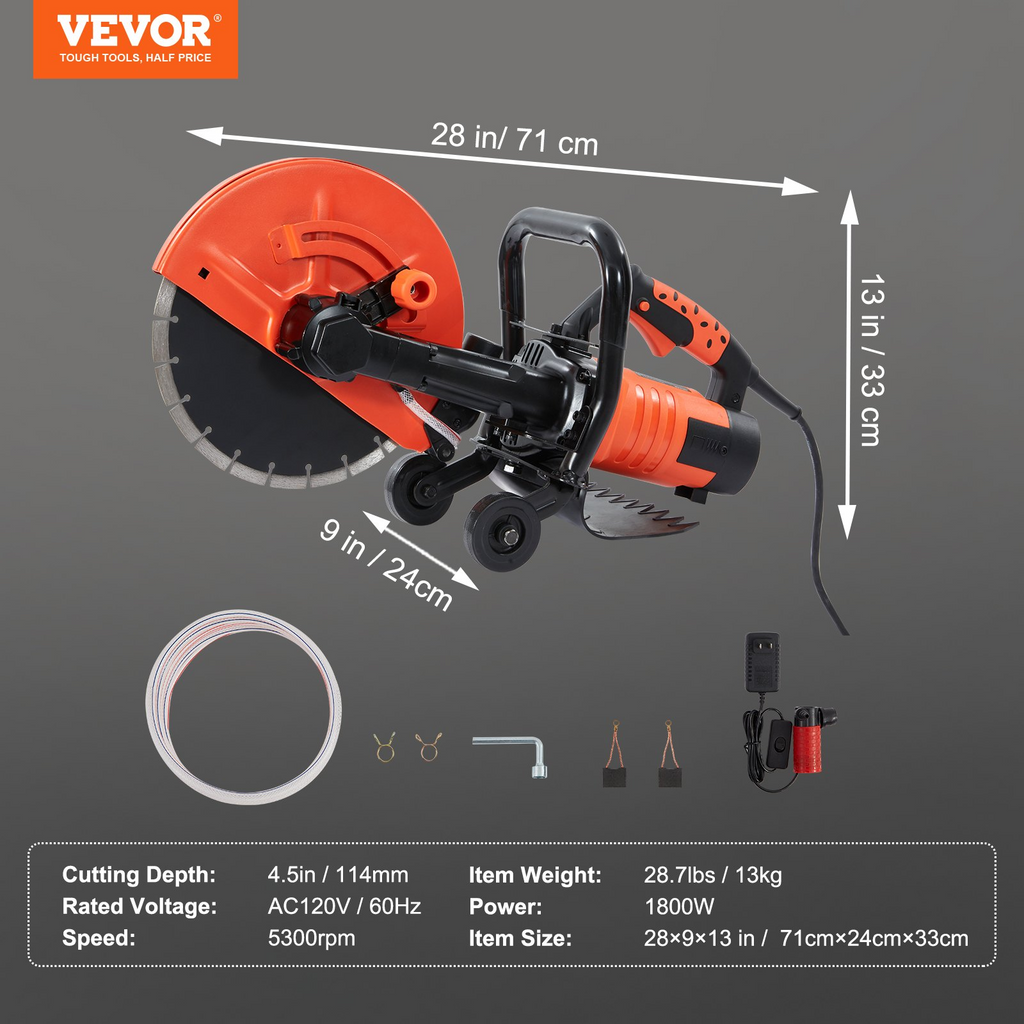 VEVOR Sierra eléctrica para hormigón, cortadora de sierra circular con motor de 12 pulgadas, 1800 W, 15 A, máx. Profundidad de corte ajustable de 4,5 pulgadas