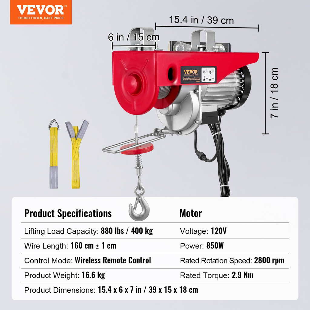 VEVOR Polipasto eléctrico con control remoto inalámbrico de 880 libras con control remoto de 110 voltios, altura de elevación de 40 pies/20 pies