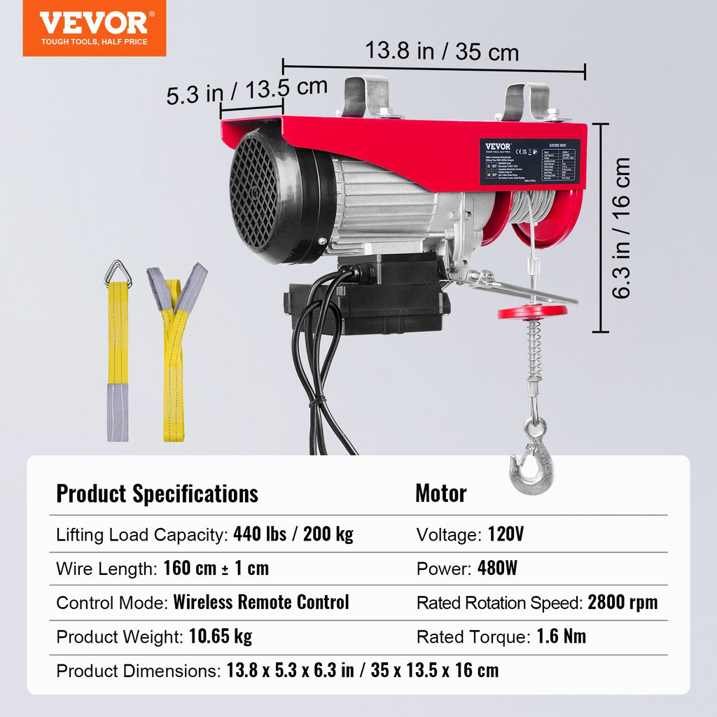 VEVOR Polipasto eléctrico inalámbrico alambre de acero de 440 libras y 110 V con control remoto inalámbrico, altura de elevación de cable único de 40 pies