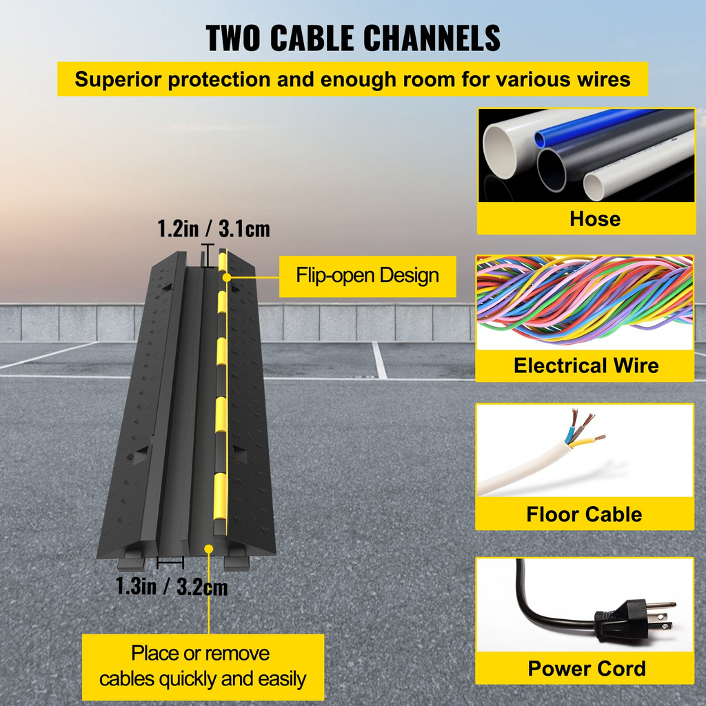 VEVOR Rampa protectora de cables, 5 paquetes de 2 canales, tope de velocidad  modular de goma con capacidad de carga nominal de 11000 libras