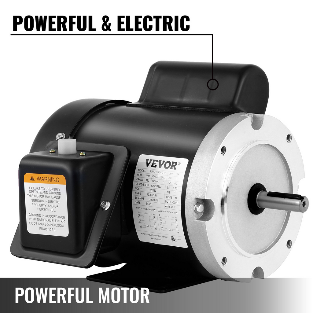 VEVOR Motor de compresor eléctrico  3/4 HP, velocidad nominal 1725 RPM monofásico, AC 115 V 230 V