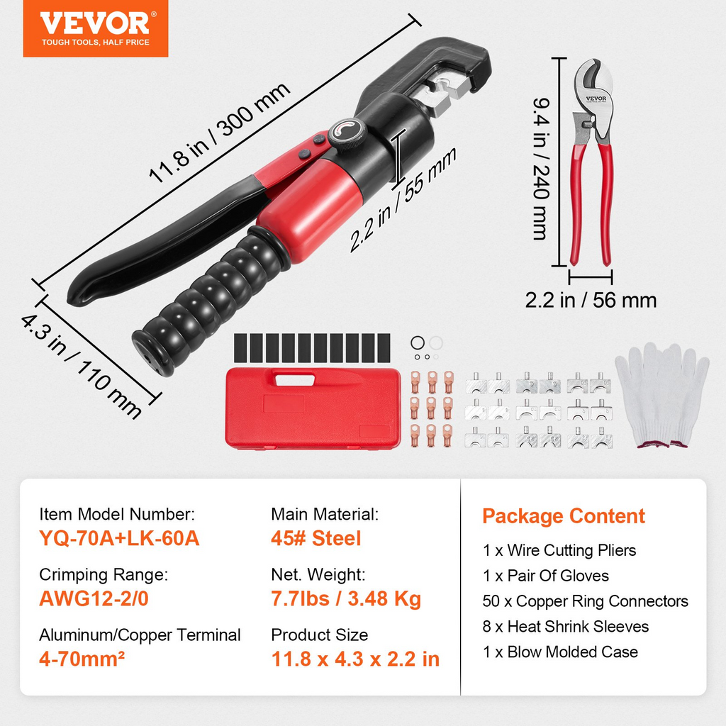 VEVOR Hydraulic Crimping Tool with 9 Sets of  Dies AWG12-2/0 Copper And Aluminum Terminal Battery Lug Crimper, with a Cutting Pliers, Gloves, 10pcs Copper Ring Connectors, 8pcs Heat Shrink Sleeves