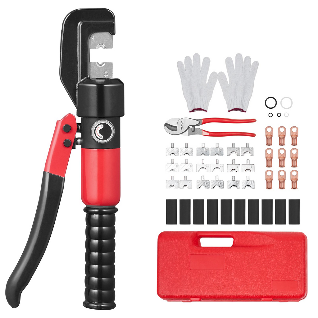 VEVOR Hydraulic Crimping Tool with 9 Sets of  Dies AWG12-2/0 Copper And Aluminum Terminal Battery Lug Crimper, with a Cutting Pliers, Gloves, 10pcs Copper Ring Connectors, 8pcs Heat Shrink Sleeves