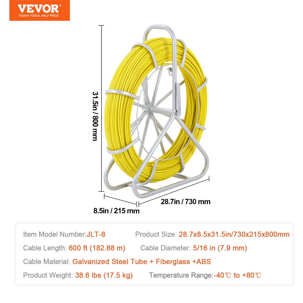 VEVOR guia de uso rudo 183 mts, 5/16 pulgadas, extractor de alambre para cinta de pescar para conductos, varilla para correr cables con soporte de carrete de acero