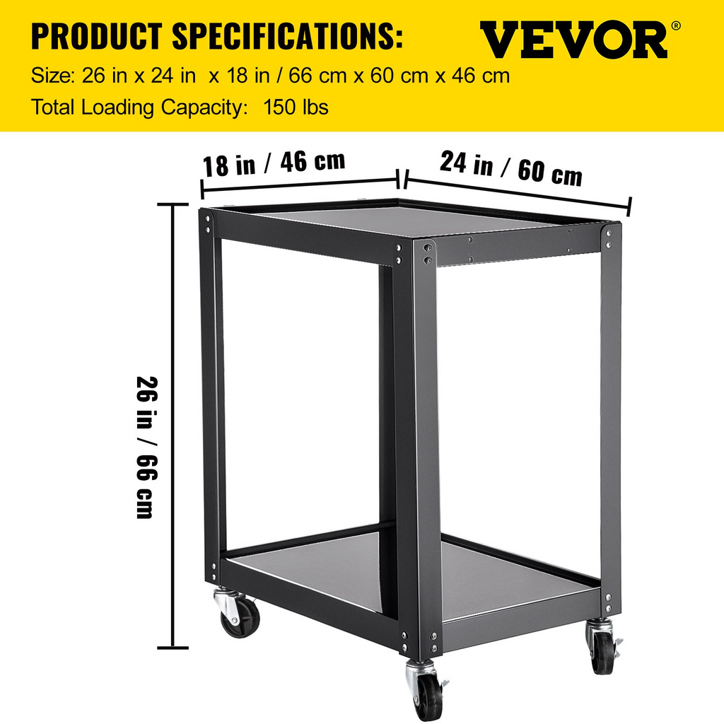 VEVOR carro multimedia de 26 pulgadas de altura con regleta e 24 x 18 pulgadas con 2 estantes, 4 ruedas rodantes y 2 frenos de bloqueo, carro AV resistente de 150 libras