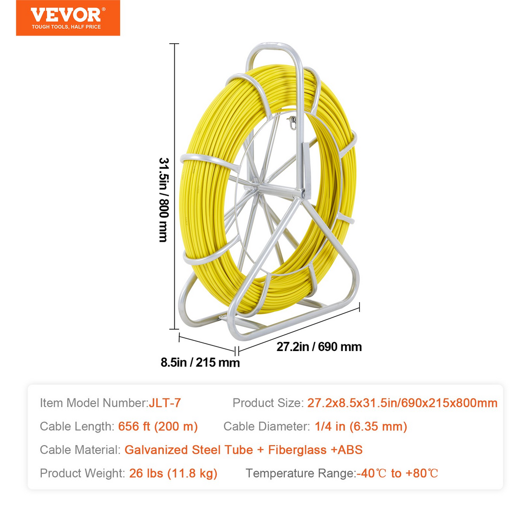 VEVOR Guia de uso rudo 200 mts 656 pies, 1/4 pulgadas, extractor de alambre para cinta para conductos fibra de vidrio