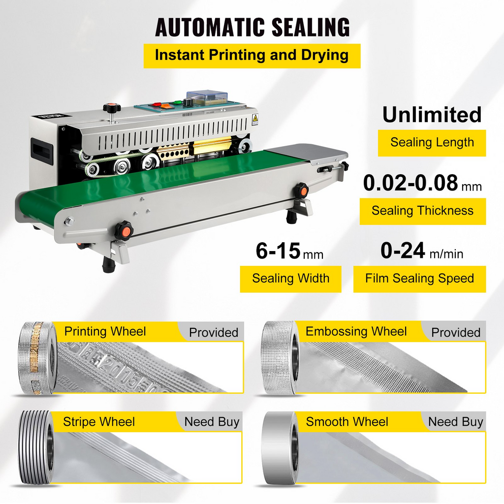 VEVOR FR-900 Sellador de Banda Continua, Sellador de Banda Horizontal Automático 110V, Control de Temperatura de la Máquina de Sellado Continuo