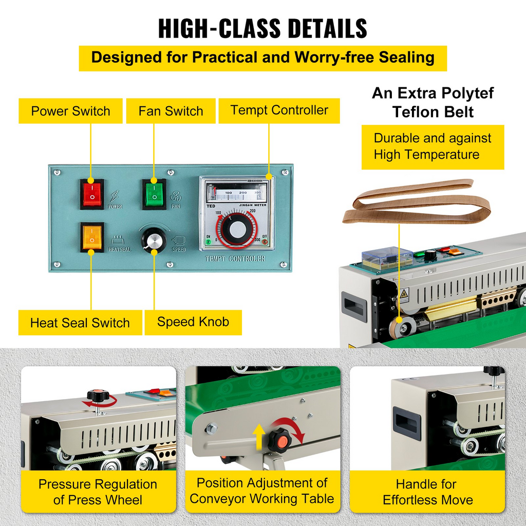 VEVOR FR-900 Sellador de Banda Continua, Sellador de Banda Horizontal Automático 110V, Control de Temperatura de la Máquina de Sellado Continuo