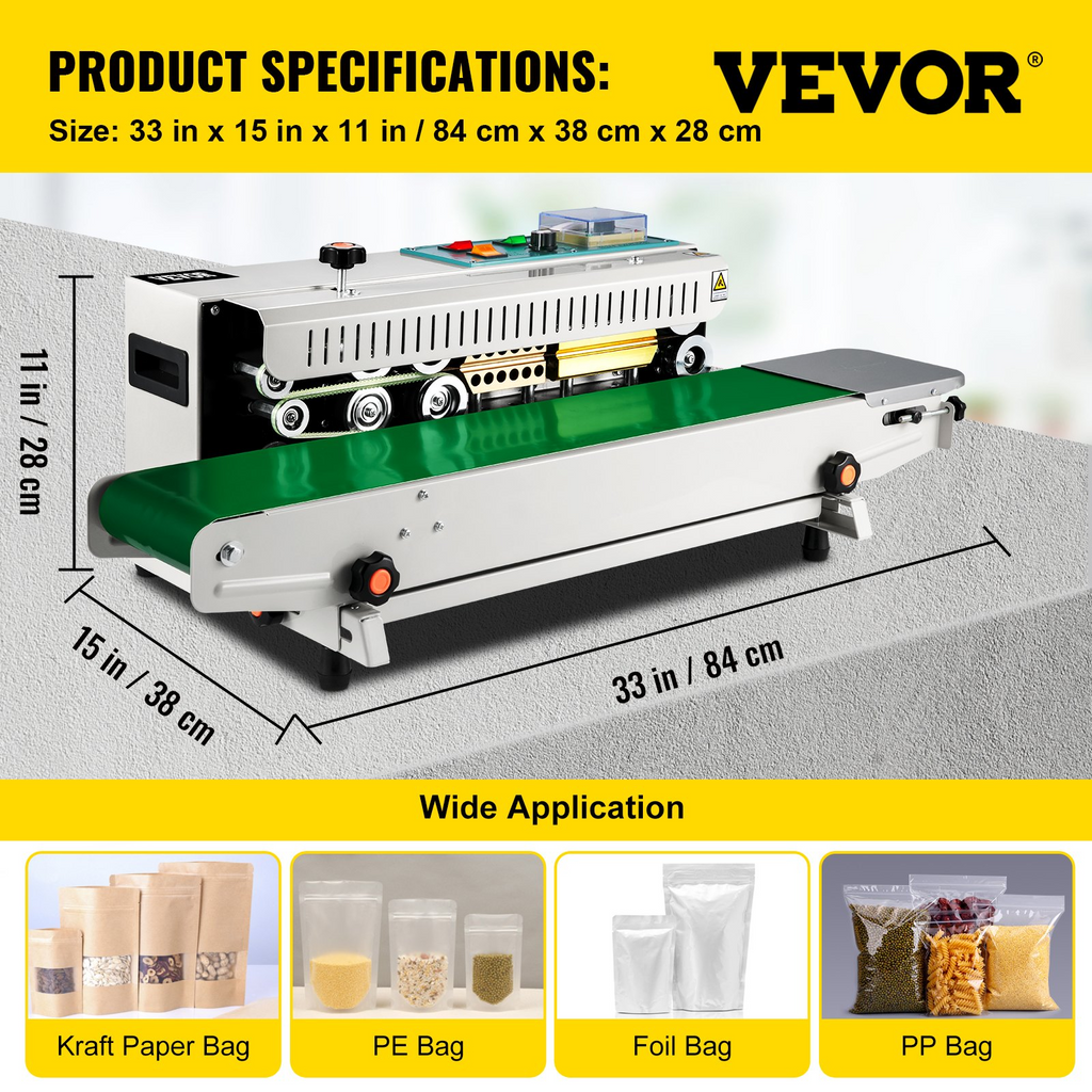 VEVOR FR-900 Sellador de Banda Continua, Sellador de Banda Horizontal Automático 110V, Control de Temperatura de la Máquina de Sellado Continuo