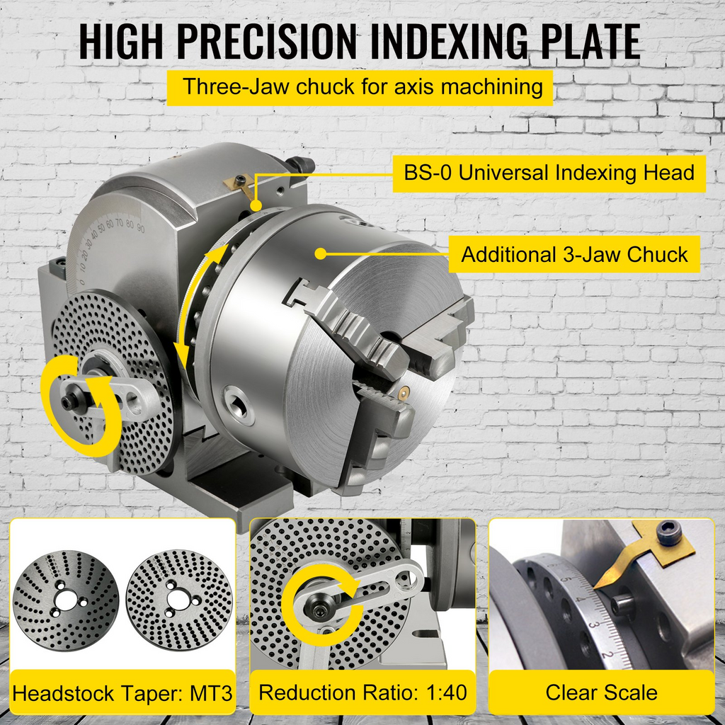 VEVOR Juego de cabezal divisorio BS-1 Juego de fresado semiuniversal con mandril de 3 mordazas de 6"