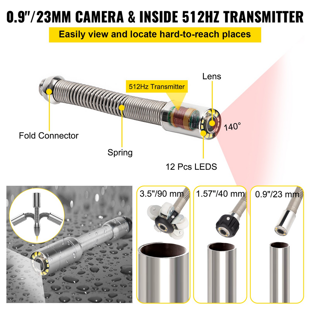 VEVOR Cámara de alcantarillado con localizador, cable de 165' con transmisor y receptor de sonda de 512 Hz con tarjeta SD de 16 GB, monitor LCD 1200TVL de 7 pulgadas, luces LED