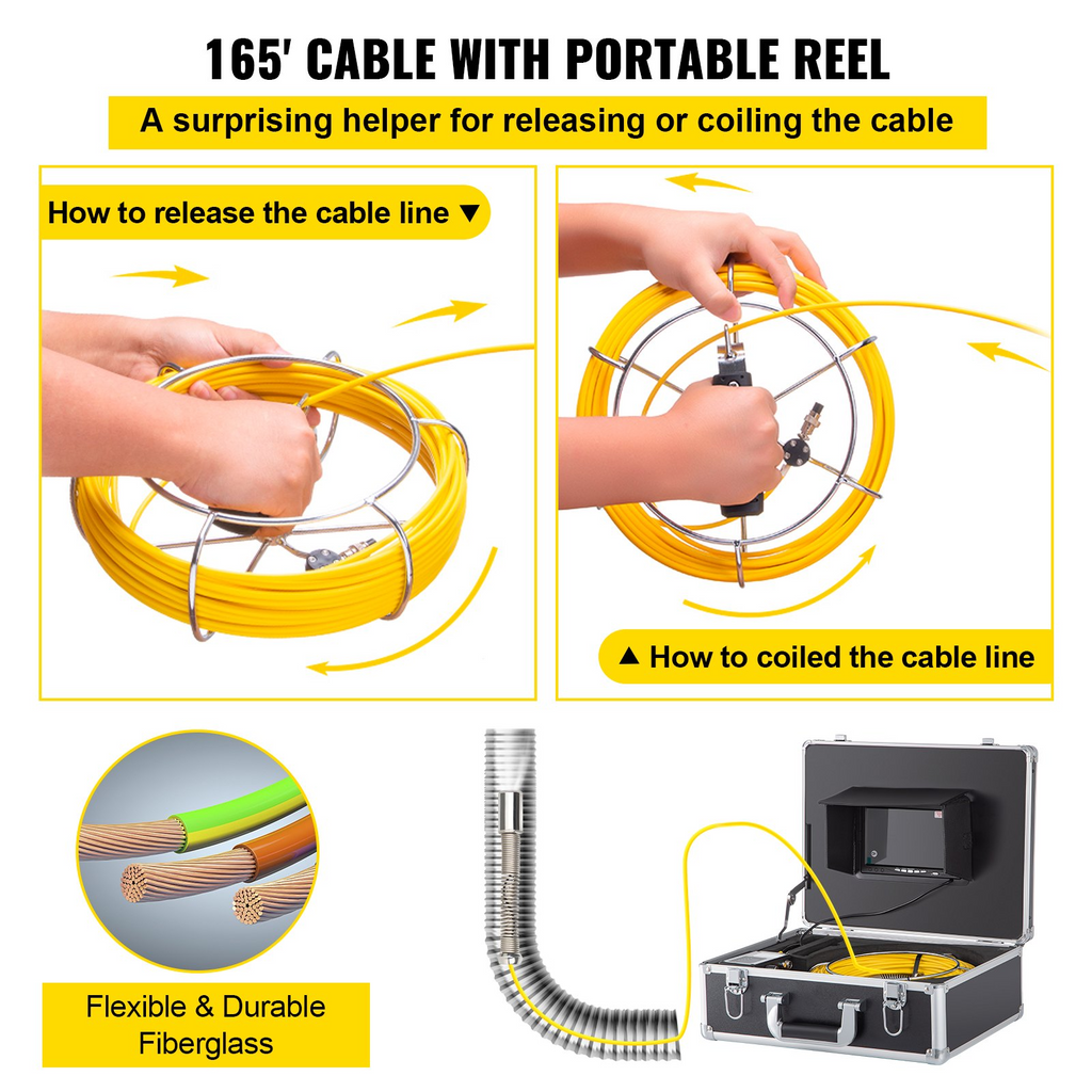 VEVOR Cámara de alcantarillado con localizador, cable de 165' con transmisor y receptor de sonda de 512 Hz con tarjeta SD de 16 GB, monitor LCD 1200TVL de 7 pulgadas, luces LED