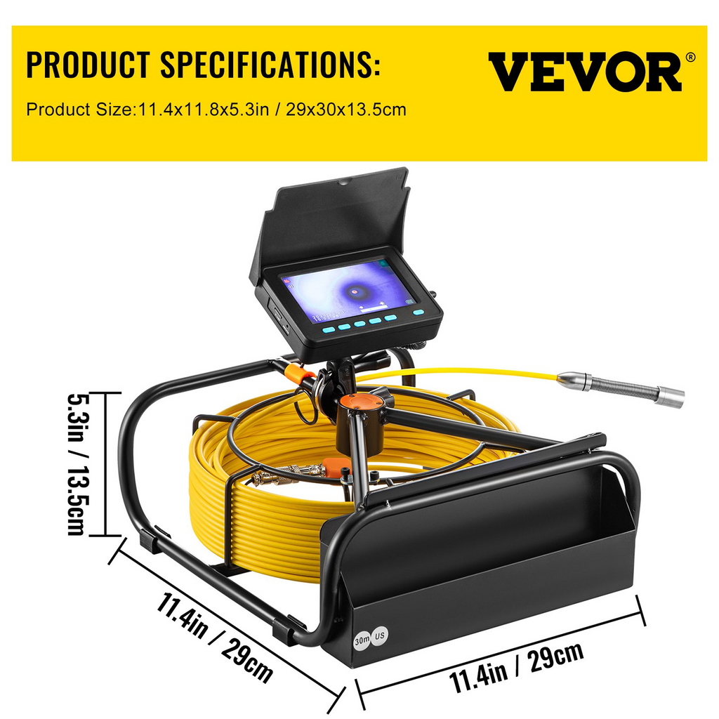 VEVOR Cámara de alcantarillado, 98,4 pies/30 m tuberías de 4,3" con función DVR y luces LED, boroscopio impermeable IP68