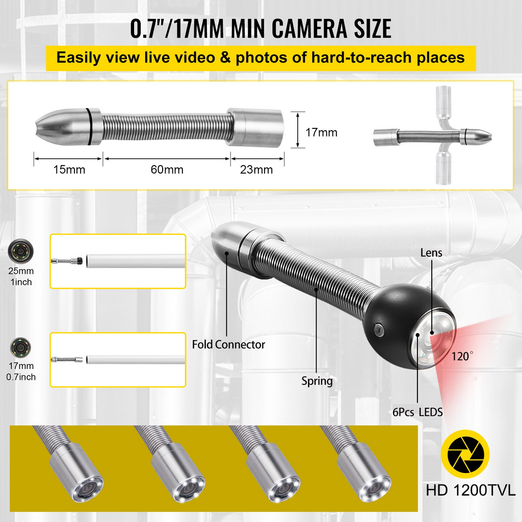 VEVOR cámara de inspección de tuberías con función DVR alcantarillado, pantalla de 65.6 pies de 4.3 pulgadas,  y cable de serpiente, boroscopio impermeable IP68