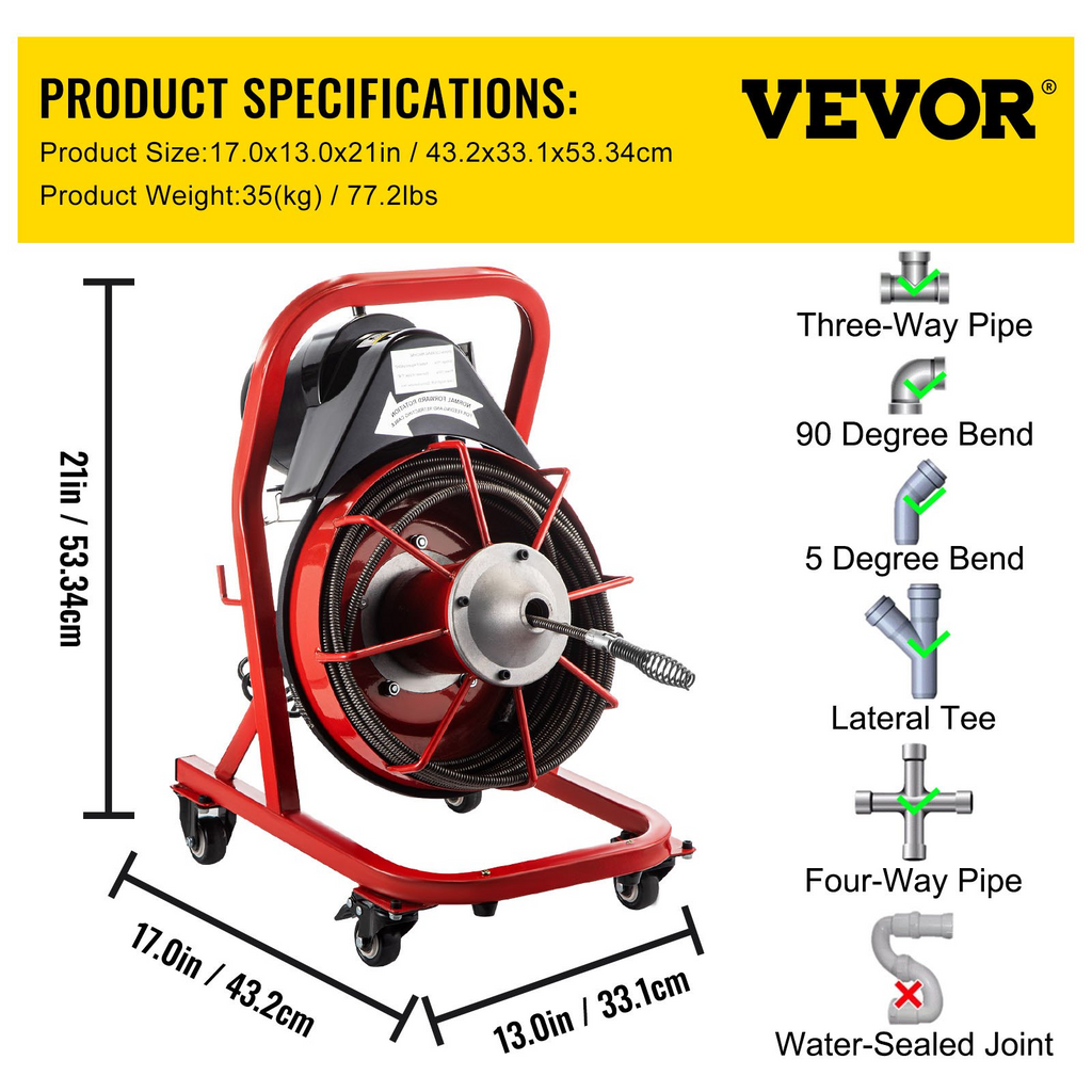 VEVOR Barrena de drenaje eléctrica, 75 pies x 3/8 pulgadas,  250 W para tuberías de 2 a 4 pulgadas