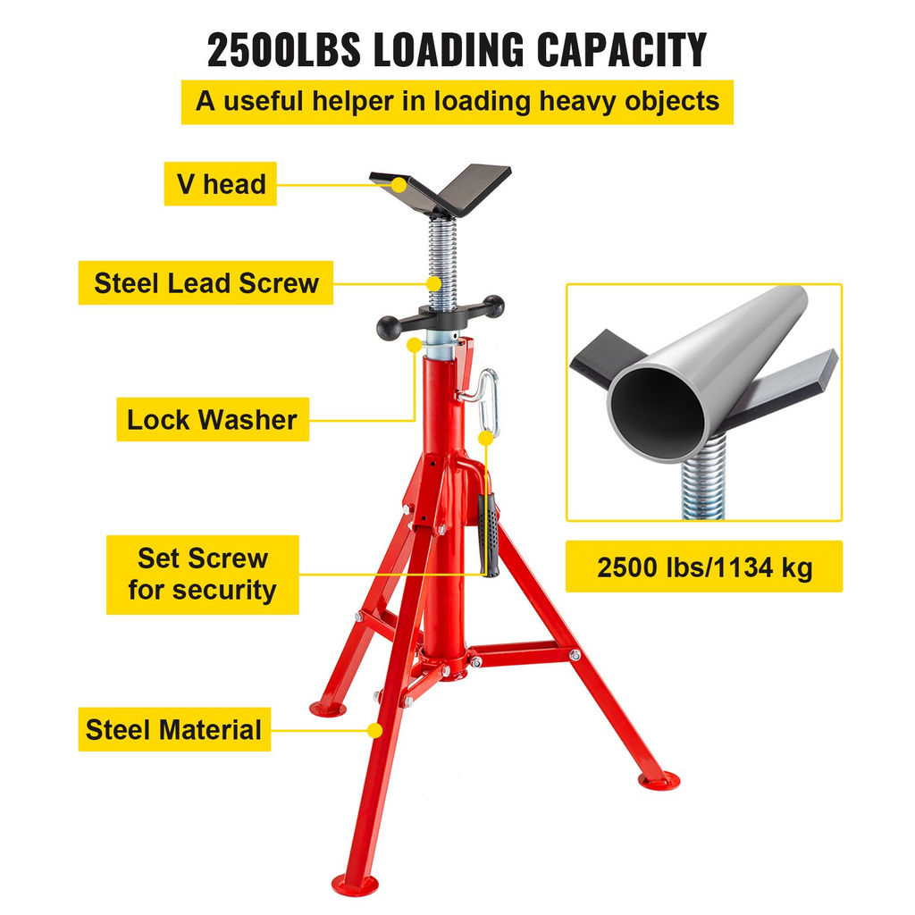 VEVOR Soporte para tubería con cabezal en V, altura ajustable de 28 a 52 pulgadas, de 2500 lb. Capacidad, para tubos de 1/2 a 12 pulgadas