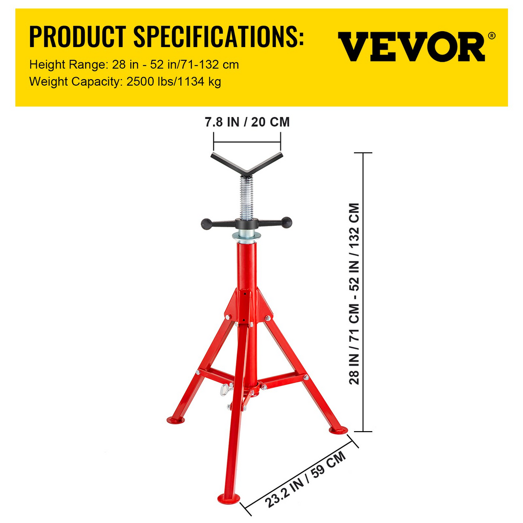 VEVOR Soporte para tubería con cabezal en V, altura ajustable de 28 a 52 pulgadas, de 2500 lb. Capacidad, para tubos de 1/2 a 12 pulgadas