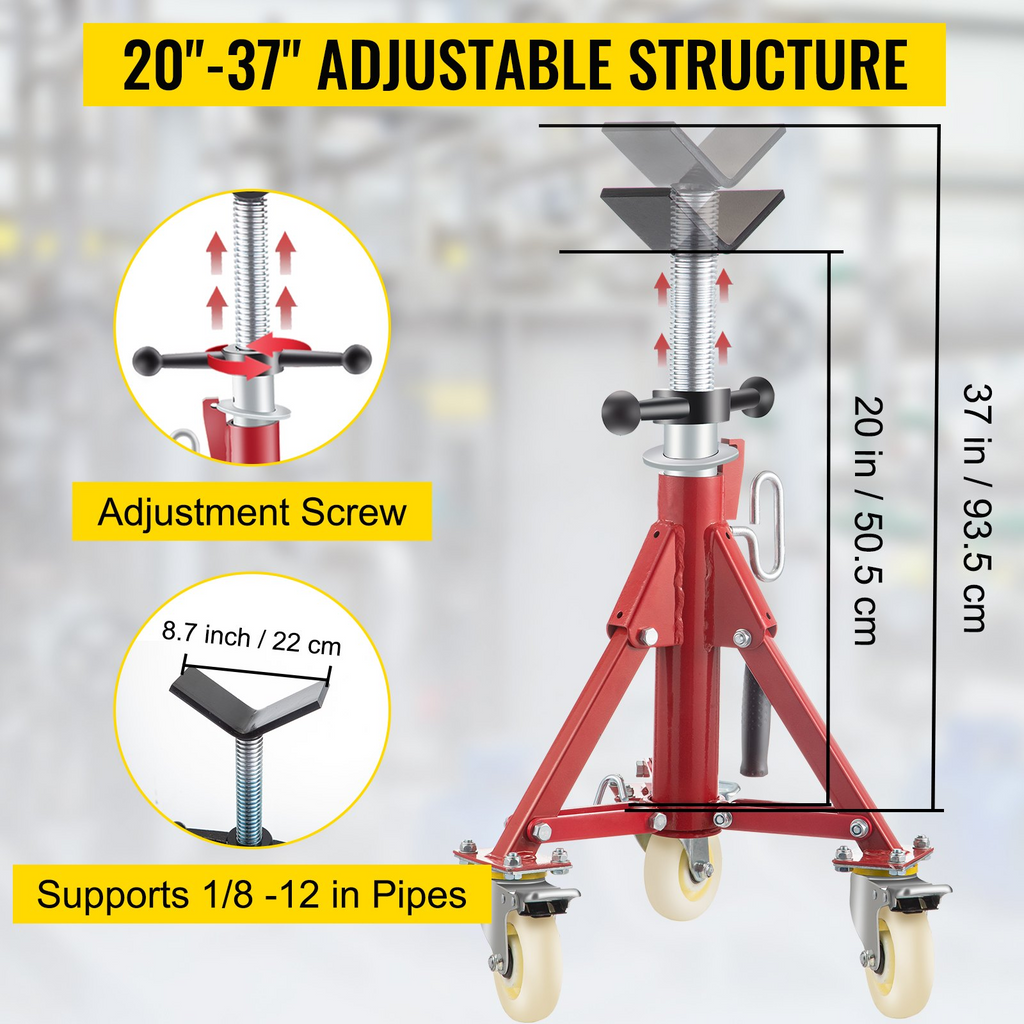 VEVOR Soporte para tubería,con cabeza en V, altura ajustable de 20 a 37 pulgadas, soporte para gato con ruedas de 882 libras, soporte para tubería portátil plegable de 1/8 a 12 pulgadas