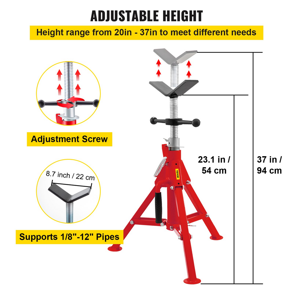 VEVOR Soporte para tubería con cabeza en V, capacidad de 1/8"-12", altura ajustable de 20"-37" capacidad de carga de 2500 lb