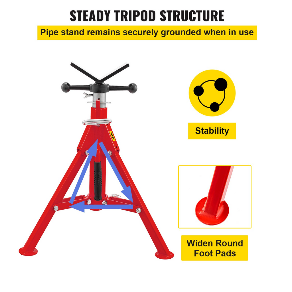 VEVOR Soporte para tubería con cabeza en V, capacidad de 1/8"-12", altura ajustable de 20"-37" capacidad de carga de 2500 lb