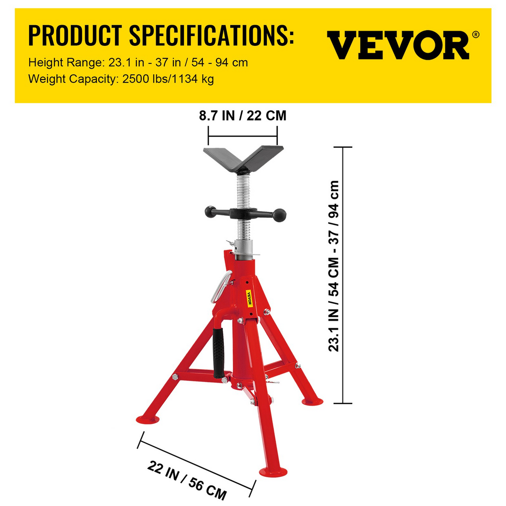 VEVOR Soporte para tubería con cabeza en V, capacidad de 1/8"-12", altura ajustable de 20"-37" capacidad de carga de 2500 lb