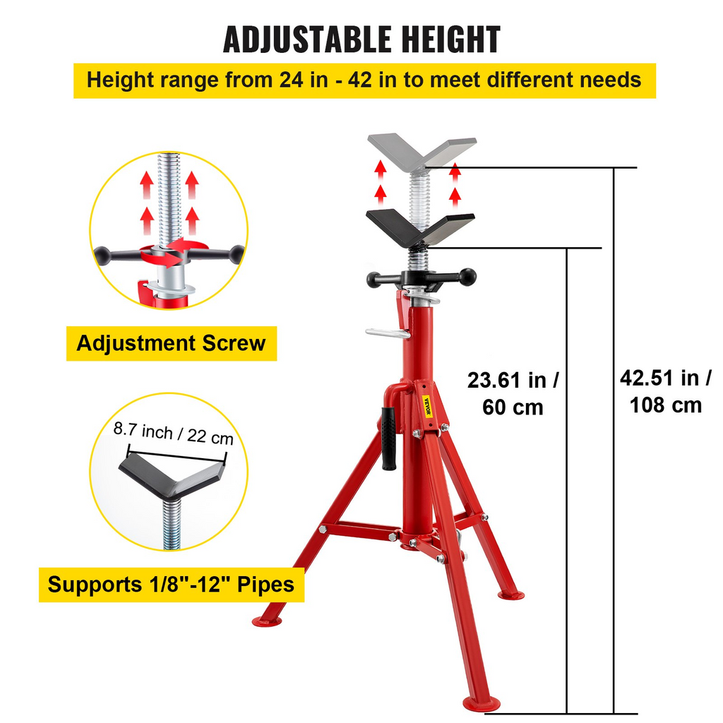 VEVOR Soporte para tubo con cabeza en V, capacidad de 1/8"-12", altura ajustable de 24"-42", capacidad de carga de 2500 lb