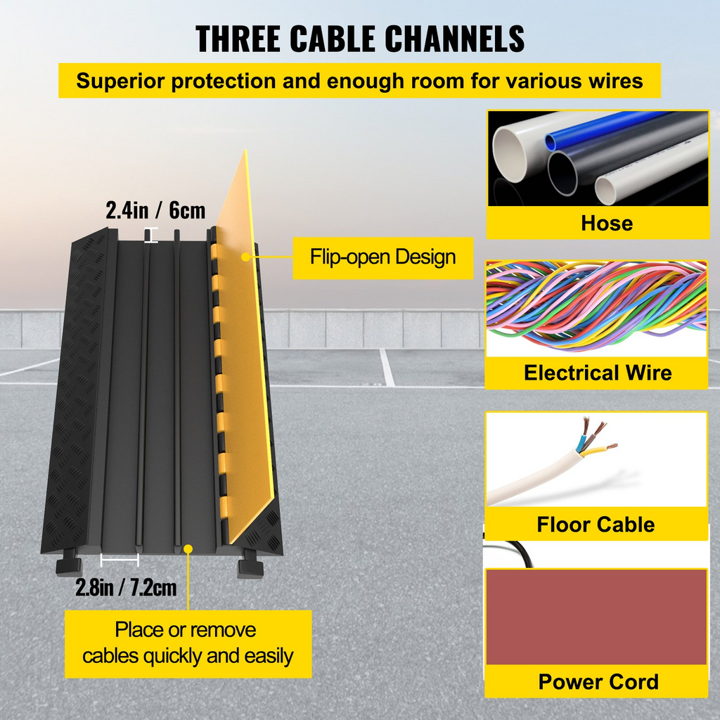 VEVOR 1 paquete de rampas protectoras de cable de goma de 3 canales, resistente, capacidad de carga de 44000 libras