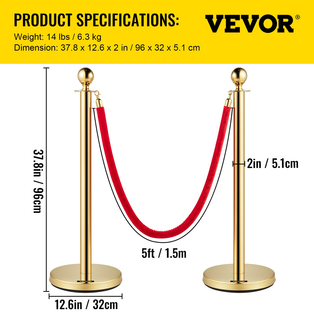 VEVOR 4 postes unifila dorados para cola, cuerda de terciopelo rojo de 38 pulgadas, barreras de control de multitudes