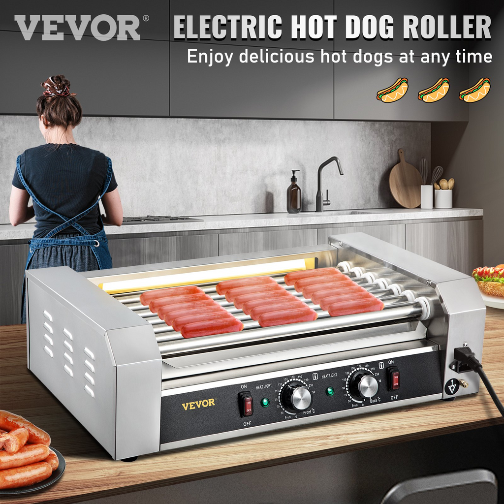 VEVOR Rodillo para perritos calientes, 18 capacidad para perritos calientes, 7 rodillos, máquina calentadora de acero inoxidable de 1050 W con control de temperatura dual, luz LED y bandeja de goteo desmontable