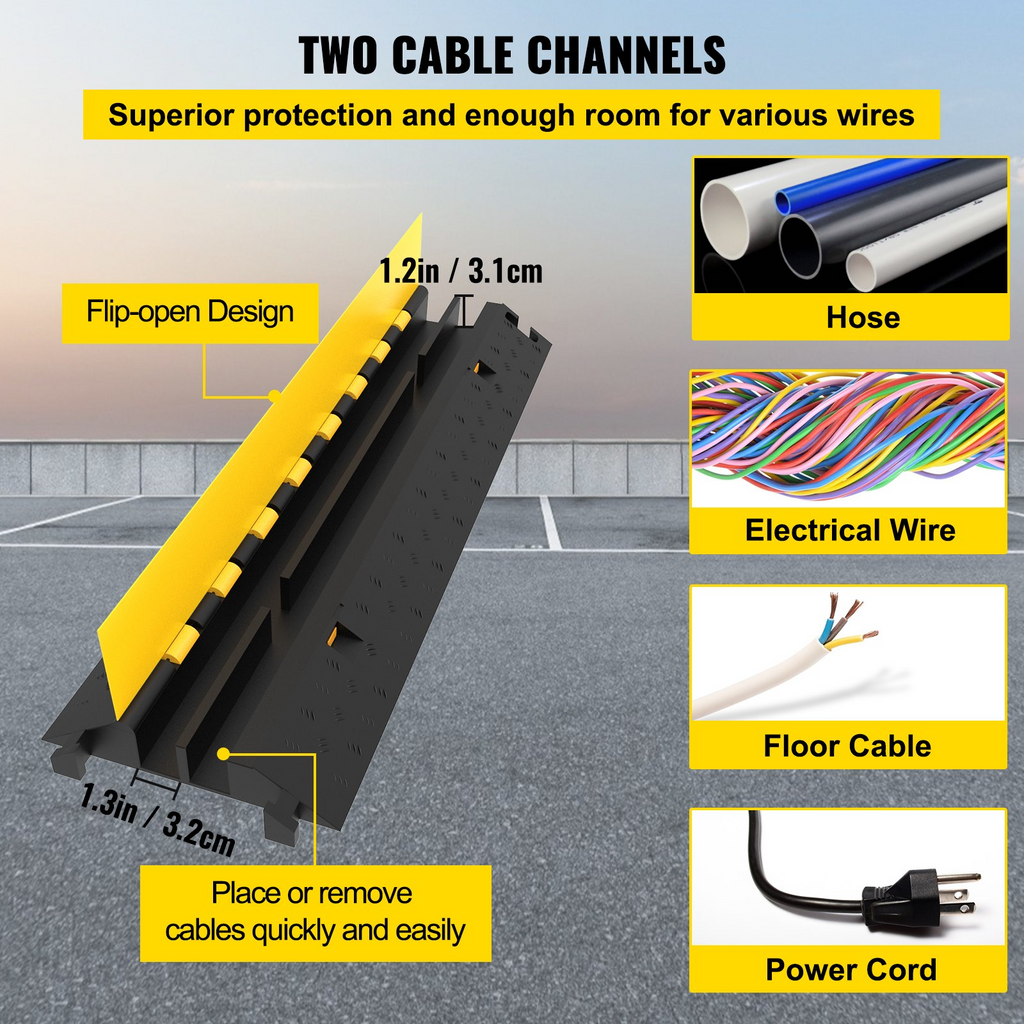 VEVOR Paquete de 4 protectores de cable de goma para rampa, 2 canales, resistente, capacidad de carga de 66,000 lb