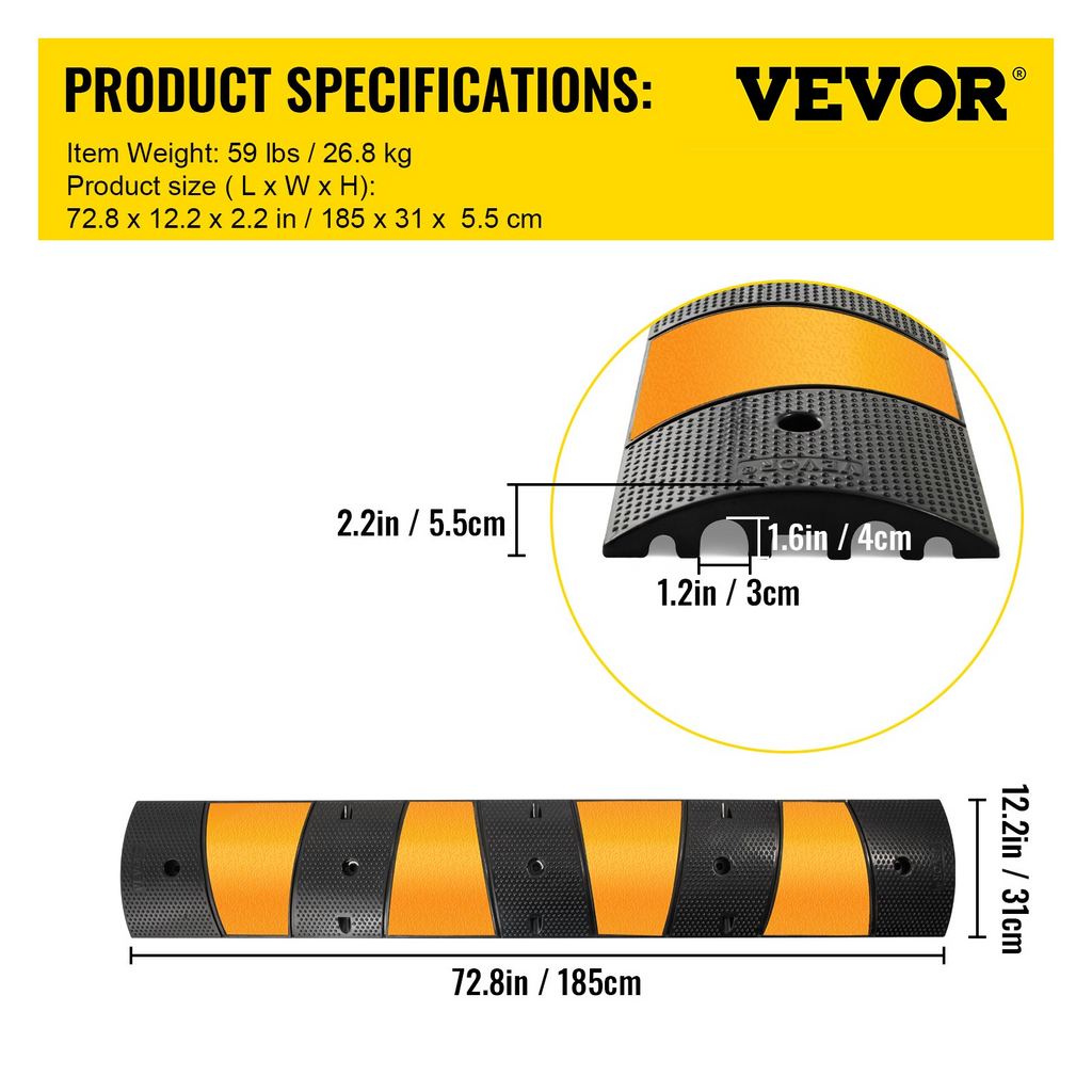 VEVOR Rampa protectora de cable resistente para entrada de entrada de goma de 6 pies, 72,4 x 12 x 2,4 pulgadas