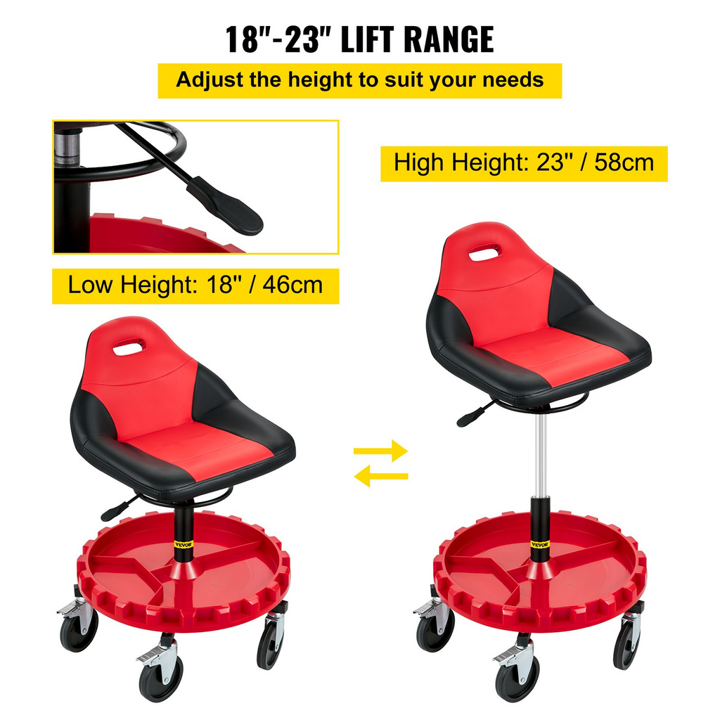 VEVOR Asiento con ruedas para engranajes, capacidad de 300 libras, altura ajustable de 18 a 23 pulgadas