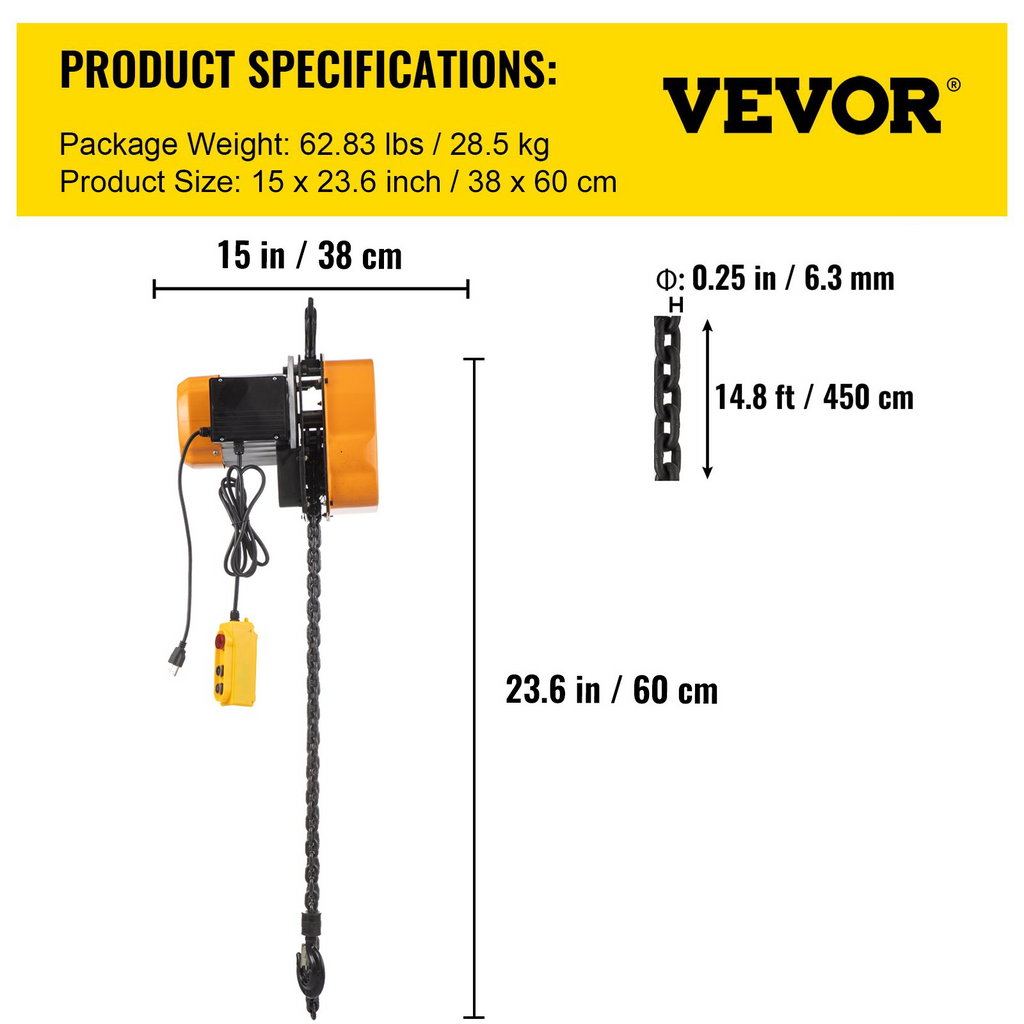 VEVOR Polipasto eléctrico de cadena, cabrestante de 1100 libras con control remoto con cable de 10 pies de 110 V, sistema de potencia de elevación de 1300 W