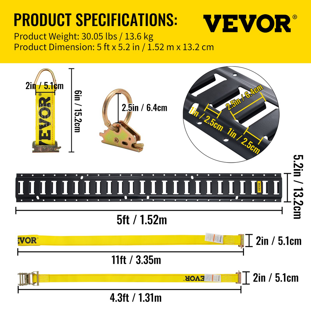 VEVOR Track Kit de rieles de amarre, 18 piezas de 5 pies E-Tracks incluye 4 rieles de acero y 2 ranuras individuales y 6 anillos tóricos y 4 amarres con anillo en D y 2 correas de trinquete