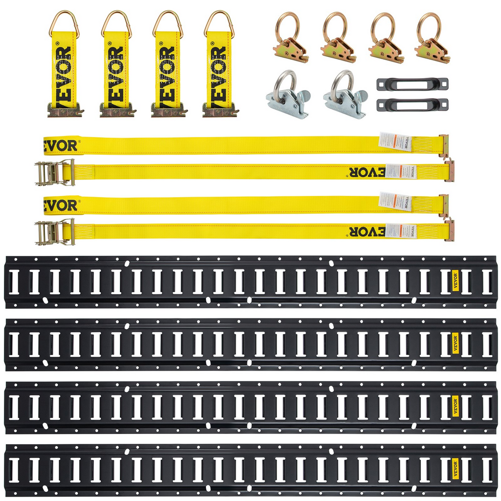 VEVOR Track Kit de rieles de amarre, 18 piezas de 5 pies E-Tracks incluye 4 rieles de acero y 2 ranuras individuales y 6 anillos tóricos y 4 amarres con anillo en D y 2 correas de trinquete