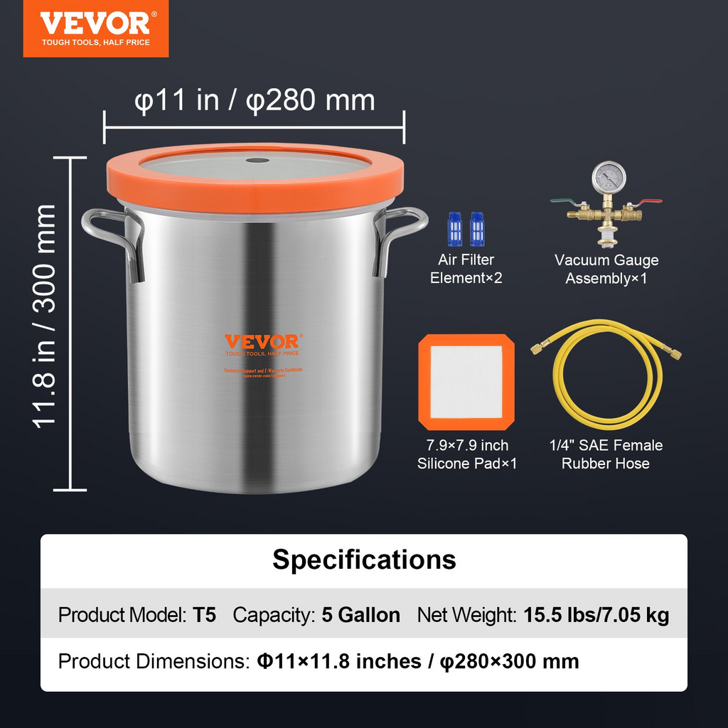 VEVOR 5 Gallon Vacuum Chamber, Upgraded Tempered Glass Lid Vacuum Degassing Chamber, 304 Stainless Steel Chamber, for Stabilizing Wood, Resin Degassing, Silicone Degassing and Plaster Degassing